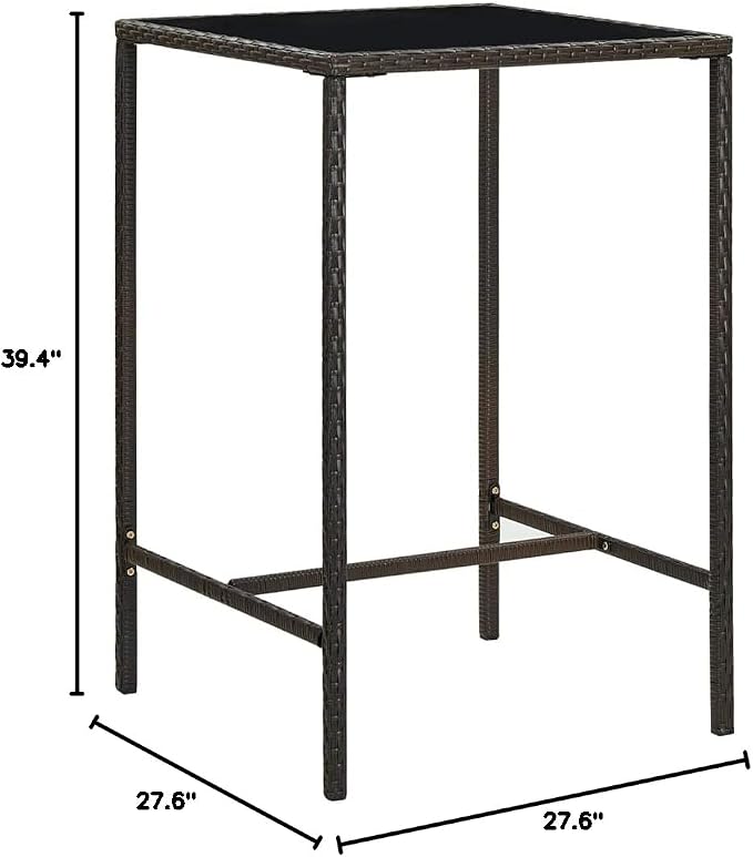 SKM Patio Bar Table Brown 27.6"x27.6"x43.3" Poly Rattan and Glass - Image 2
