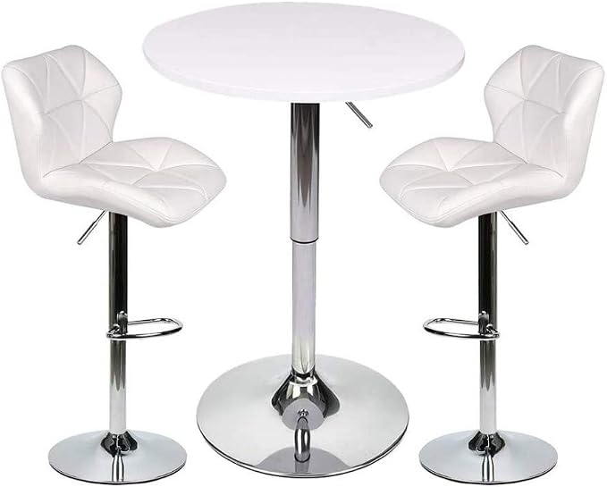ARTETHYS Bar Table and Chairs Set of 3 White Heigh Adjustable Round Pub Desk by ARTETHYS