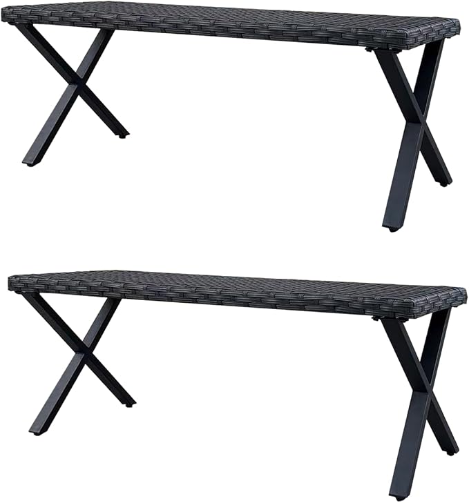 46” Black Rattan Bench with Metal X-Legs Set of 2, Wicker Frame Patio Bench - Image 7