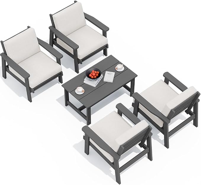 SERWALL Outdoor Patio Furniture Set, 5 Piece HDPE Patio Conversation Sets by SERWALL