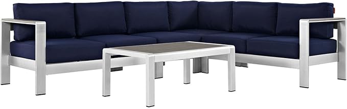 Modway Shore 5-Piece Aluminum Outdoor Patio Sectional Sofa Set in Silver Navy by Modway