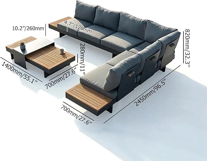 homary Outdoor Conversation Sets, 6 Piece Aluminum & Teak Patio Sectional Sofa - Image 9