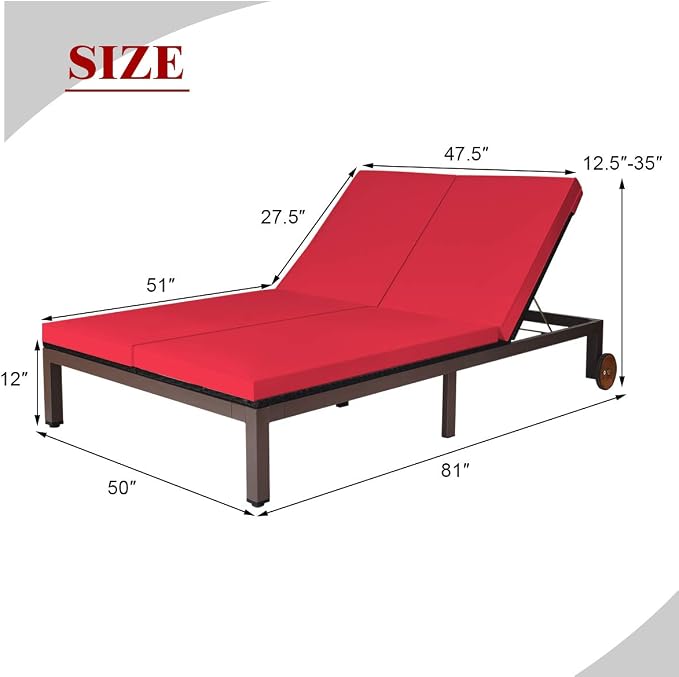 COSTWAY 2-Person Patio Rattan Lounge Chair Chaise Recliner Adjustable Cushion - Image 2