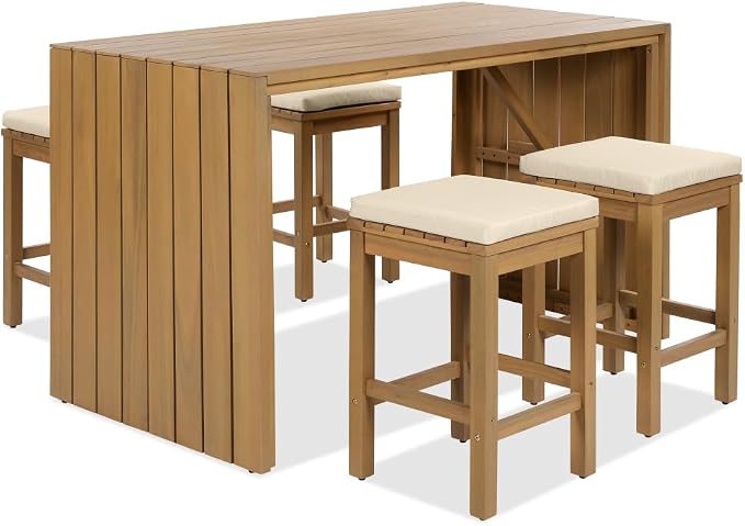 5 Piece Outdoor Bar Set, Patio Acacia Wood Bar Height Table & Four Stools - Image 7
