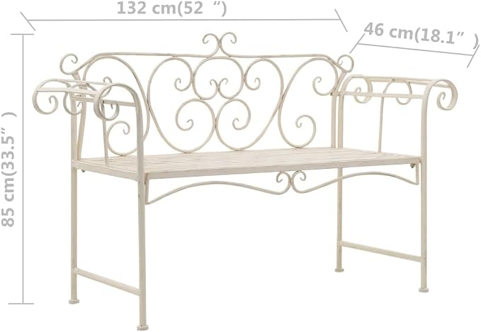 vidaXL Vintage Metal Garden Bench 52 in Antique White Comfortable Seating - Image 9