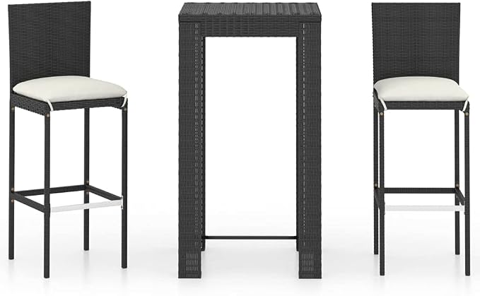 vidaXL Black Patio Bar Set – 3 Piece Weather- Poly Rattan Outdoor Furniture by vidaXL