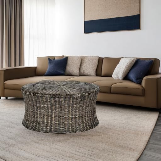 SAFAVIEH Home Collection Ruxton Dark Brown Rattan Round Coffee Table Ottoman - Image 6