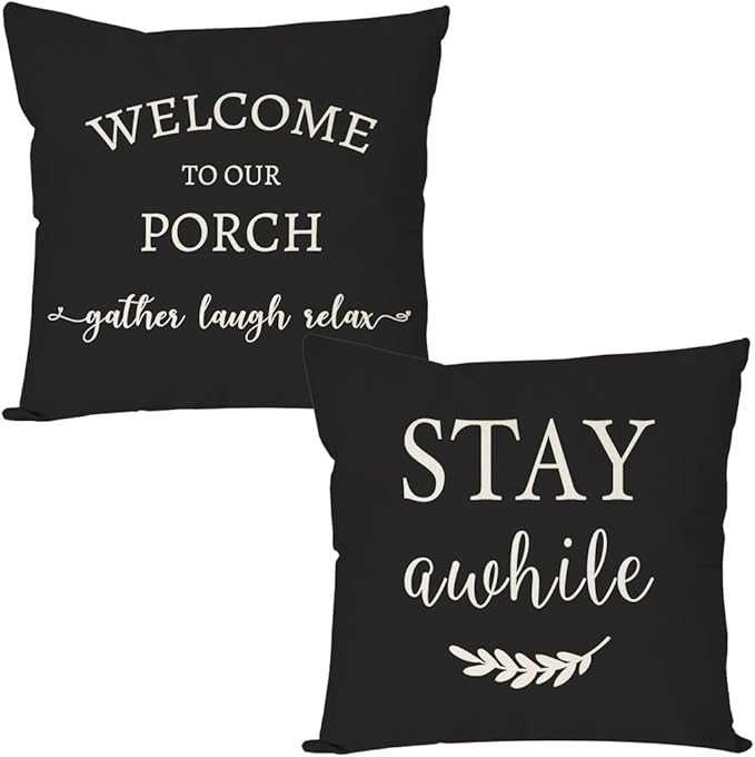 PANDICORN Welcome to Our Porch Stay Awhile Farmhouse Throw Pillow Covers 18x18 by PANDICORN