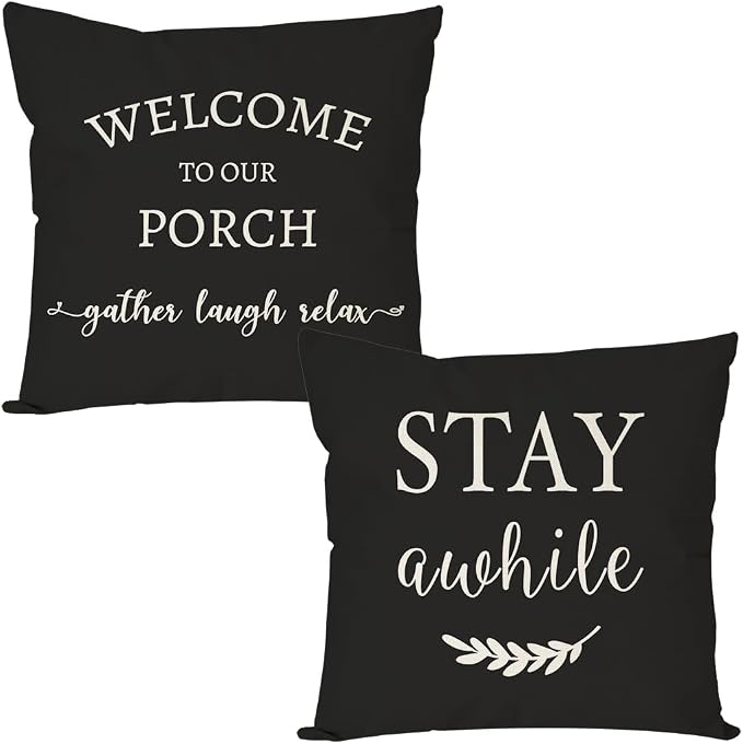 PANDICORN Welcome to Our Porch Stay Awhile Farmhouse Throw Pillow Covers 20x20 by PANDICORN