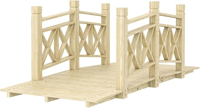 5FT Wooden Garden Bridge with Handrails, Decorative Landscape Footbridge - Image 7