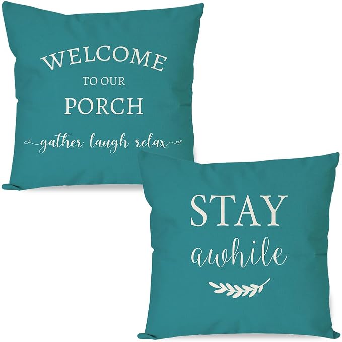 PANDICORN Welcome to Our Porch Stay Awhile Outdoor Decorative Throw Pillow by PANDICORN