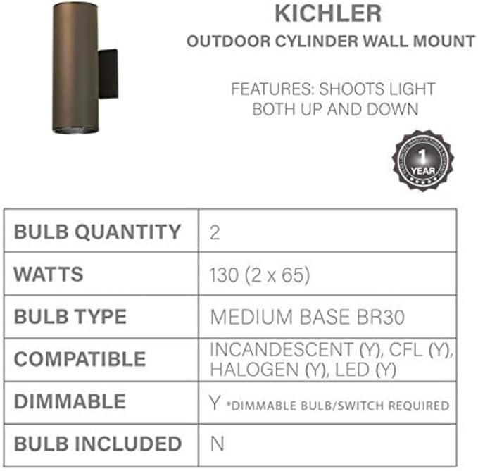 Kichler Cylinders 12" 2-Light Outdoor Cylinder Wall Sconce in Architectural - Image 5