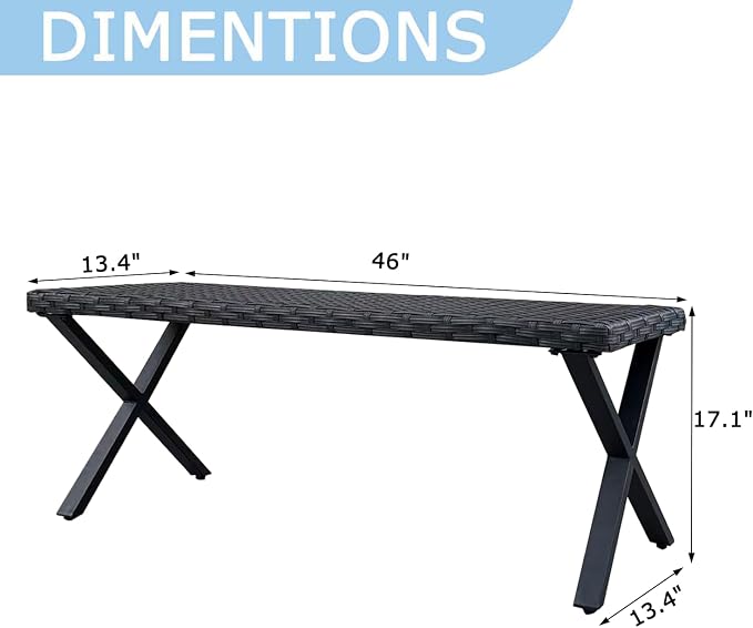 46” Black Rattan Bench with Metal X-Legs Set of 2, Wicker Frame Patio Bench - Image 2