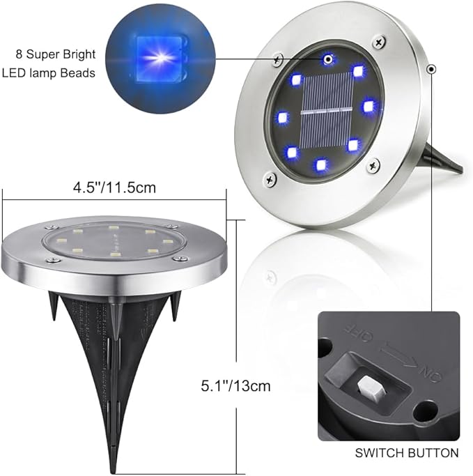 LYHOPE Solar Ground Lights Outdoor, 8 Pack 8 LED Solar Disk Lights Waterproof - Image 3