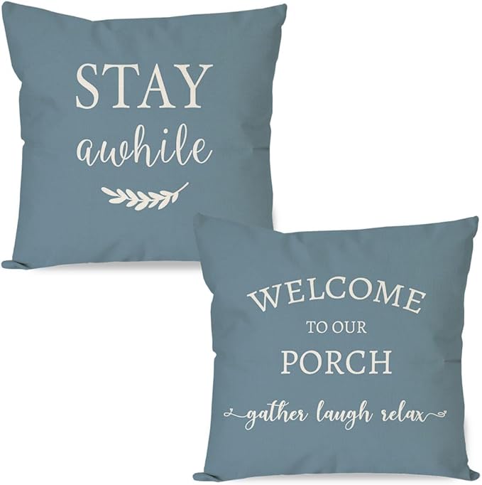 PANDICORN Welcome to Our Porch Stay Awhile Farmhouse Decorative Throw Pillow by PANDICORN