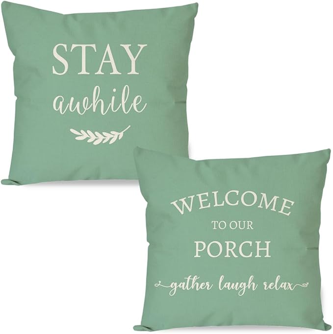 PANDICORN Welcome to Our Porch Stay Awhile Green Farmhouse Decorative Throw by PANDICORN