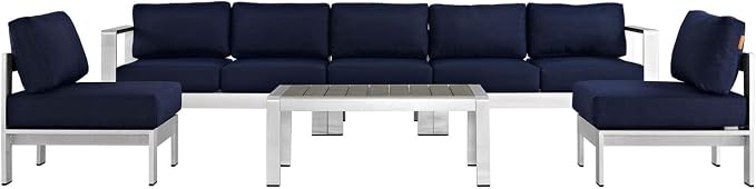 Modway Shore 6-Piece Aluminum Outdoor Patio Sectional Sofa Set in Silver Navy by Modway