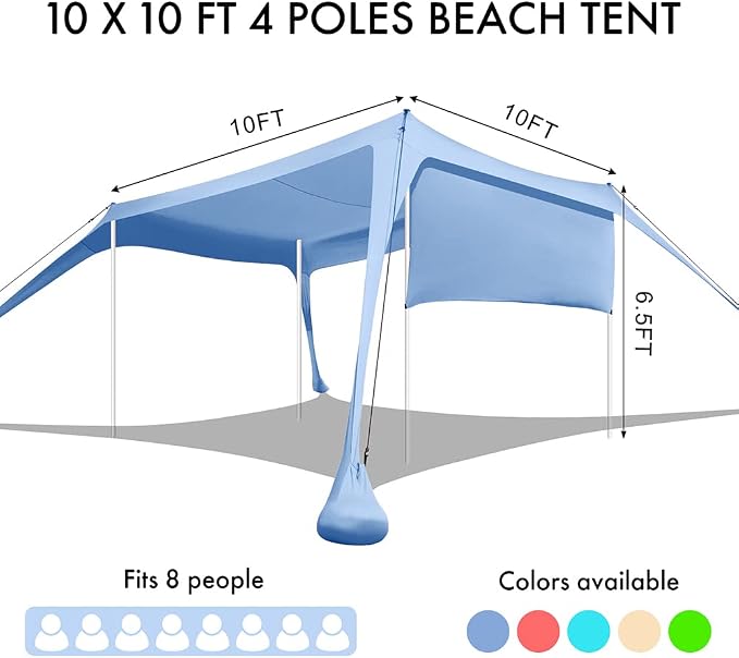 Beach Canopy Tent Shade with Sidewalls 10x10FT, 6.6FT Tall, UPF50+ Sun Shelter - Image 4