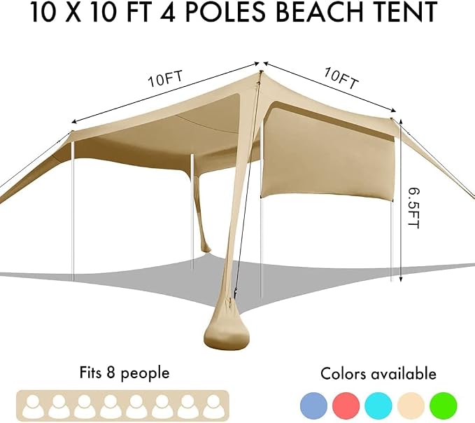Beach Canopy Tent Shade with Sidewalls 10x10FT, 6.6FT Tall, UPF50+ Sun Shelter - Image 4