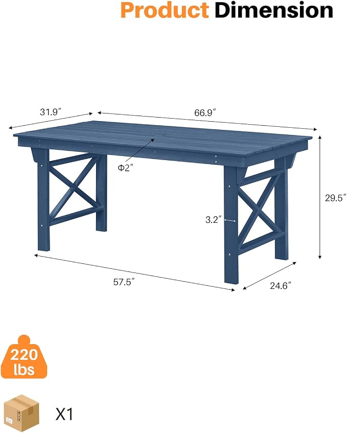 HDPE Outdoor Dining Table, 66.9” Rectangle Patio Dining Table - Image 3