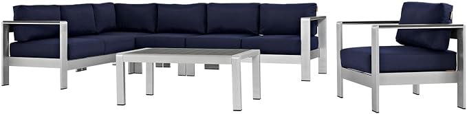 Modway Shore 6-Piece Aluminum Outdoor Patio Sectional Sofa Set in Silver Navy by Modway