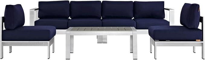 Modway Shore 5-Piece Aluminum Outdoor Patio Sectional Sofa Set in Silver Navy by Modway