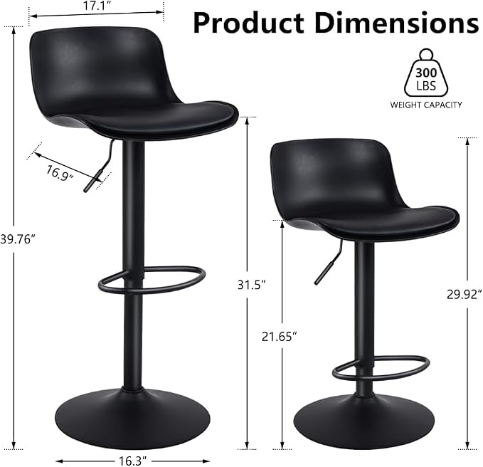Kidol & Shellder Bar Stools Set of 2 Black Adjustable Swivel Counter Height - Image 2