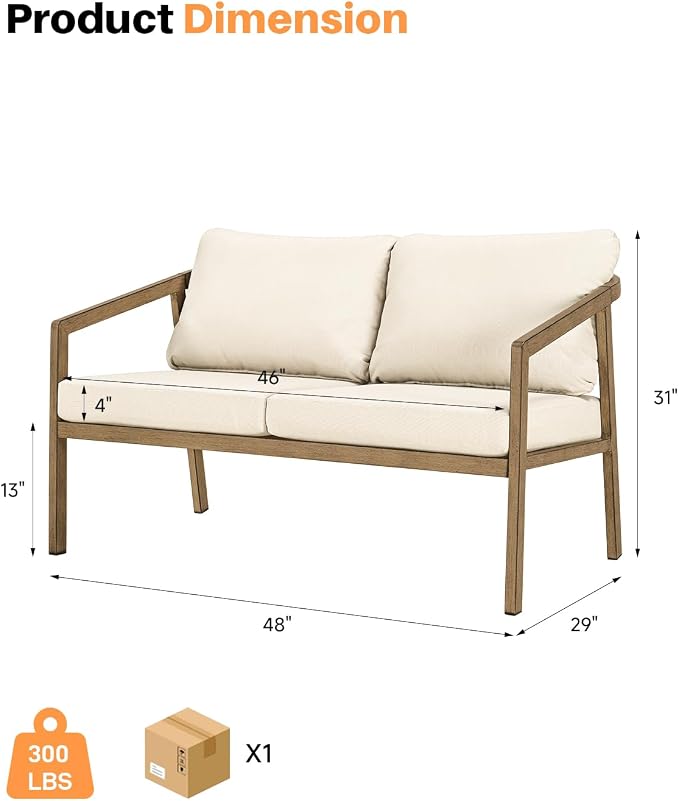 Teak Outdoor Patio Loveseat, Never-Rust Aluminum Outdoor Loveseat Couch - Image 3