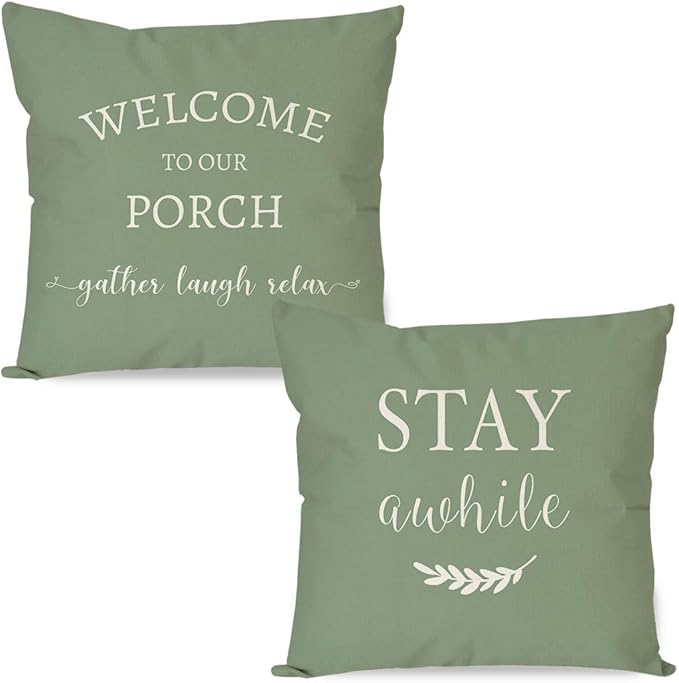 PANDICORN Welcome to Our Porch Stay Awhile Outdoor Decorative Throw Pillow by PANDICORN