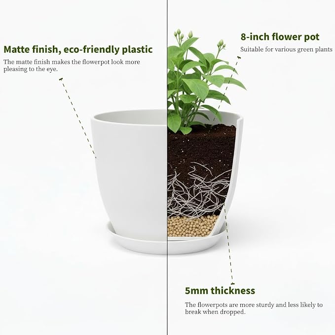 Plant Pots 8 Inch Set of 6, Flower Pots - Image 4