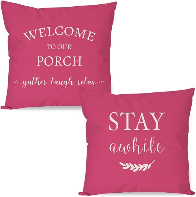 PANDICORN Welcome to Our Porch Stay Awhile Outdoor Decorative Throw Pillow by PANDICORN