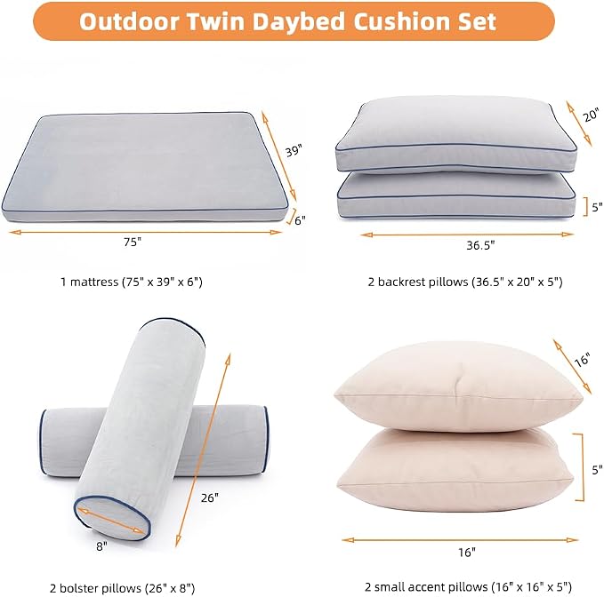 Outdoor Twin Daybed Cushion Set, 7-Piece Patio Swing Bed Mattress - Image 2