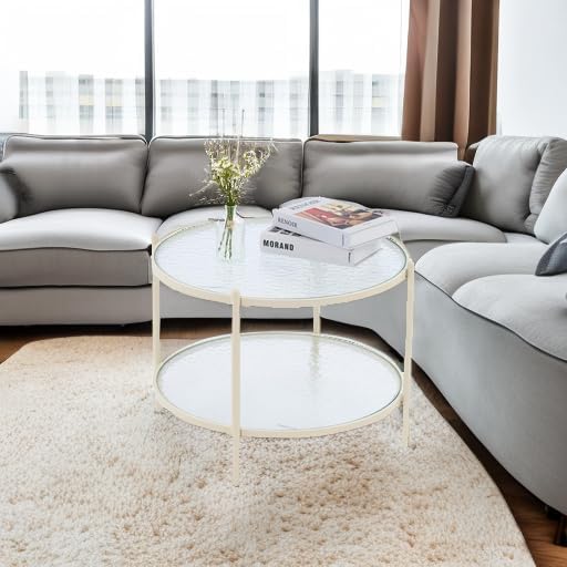 VINGLI 25.6" Small Cream White Round Coffee Table Water-Wave Glass Circle Clear - Image 5