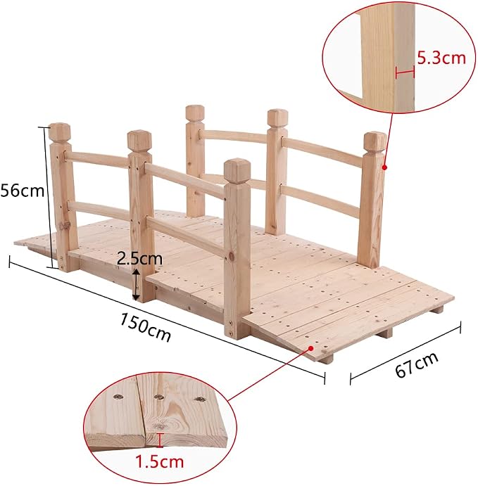 5FT Wooden Garden Bridge with Handrails, Decorative Landscape Footbridge - Image 7