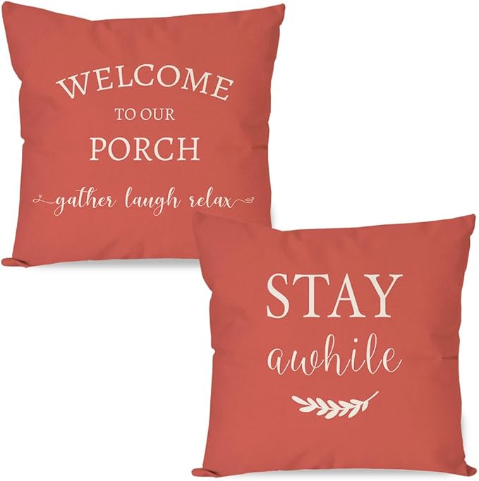 PANDICORN Welcome to Our Porch Stay Awhile Outdoor Decorative Throw Pillow by PANDICORN