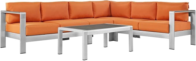 Modway Shore 5-Piece Aluminum Outdoor Patio Sectional Sofa Set in Silver Orange by Modway