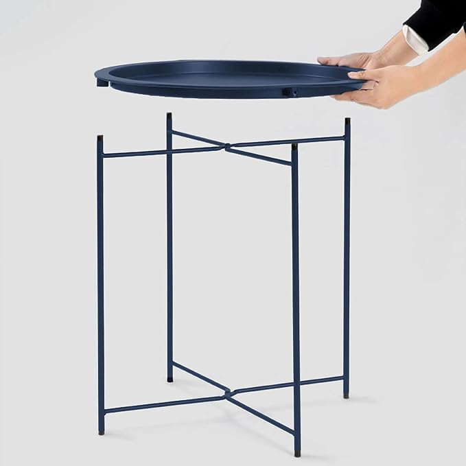Garden 4 you End Table 2 PCS Metal Side Table Dark Blue Round Folding Tray Cyan - Image 6