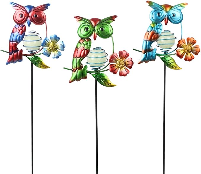Set of 3 Owl Decorative Garden Stakes, Glow in The Dark Metal Yard Art by SATHGA