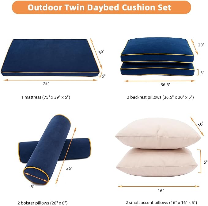 Outdoor Twin Daybed Cushion Set, 7-Piece Patio Swing Bed Mattress - Image 2