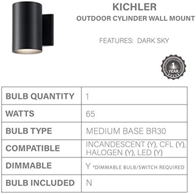 Kichler Cylinders 7" Outdoor Wall Sconce in a Black, 1-Light Exterior Wall Light - Image 5