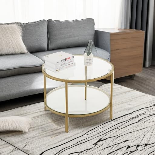 VINGLI Glass Coffee Table, 25.6" Round Champagne Gold Coffee Tables - Image 6