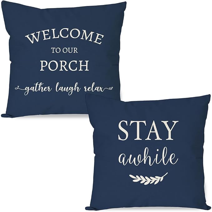 PANDICORN Welcome to Our Porch Stay Awhile Blue Farmhouse Decorative Throw by PANDICORN