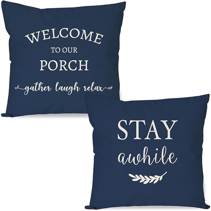 PANDICORN Welcome to Our Porch Stay Awhile Blue Farmhouse Decorative Throw by PANDICORN