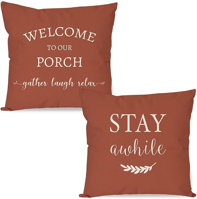 PANDICORN Welcome to Our Porch Stay Awhile Outdoor Decorative Throw Pillow by PANDICORN
