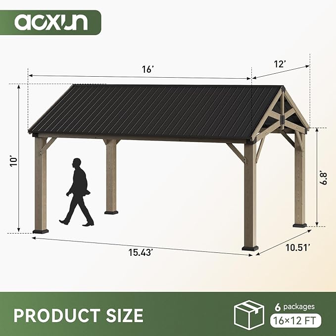Aoxun 12' x 16' Outdoor Wood Gazebo, Hardtop Gazebo Permanent Wooden Pavilion - Image 2