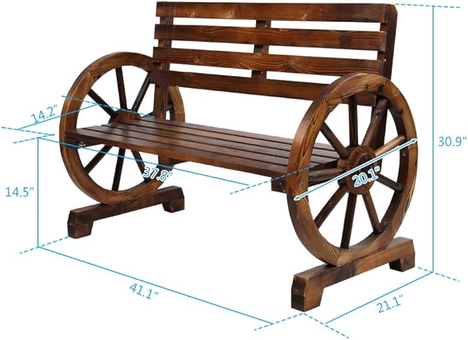 Outvita Wooden Garden Bench, Outdoor Rustic Wagon Wheel Bench - Image 3