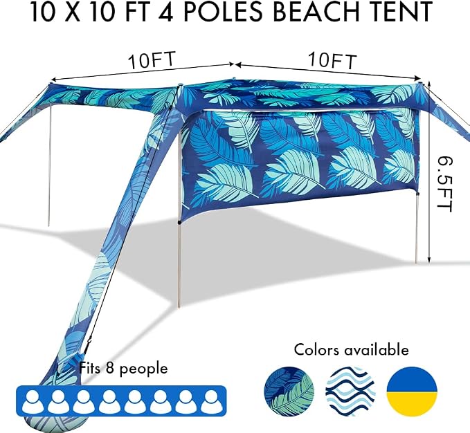 Beach Canopy Tent Shade with Sidewalls 10x10FT, 6.6FT Tall, UPF50+ Sun Shelter - Image 4