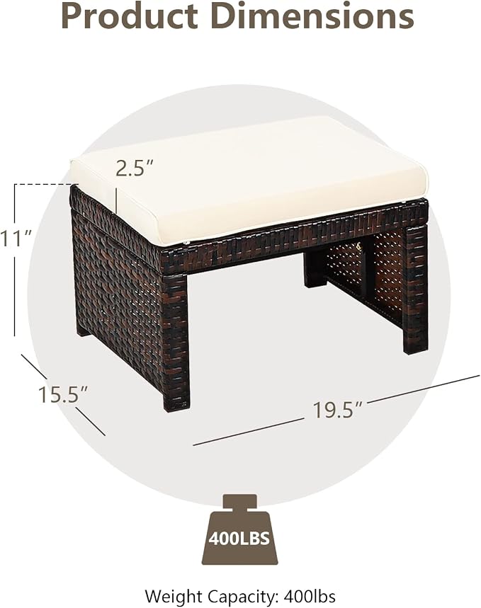 ORALNER Outdoor Ottoman, All-Weather Rattan Foot Stools w/Removable Cushions - Image 6