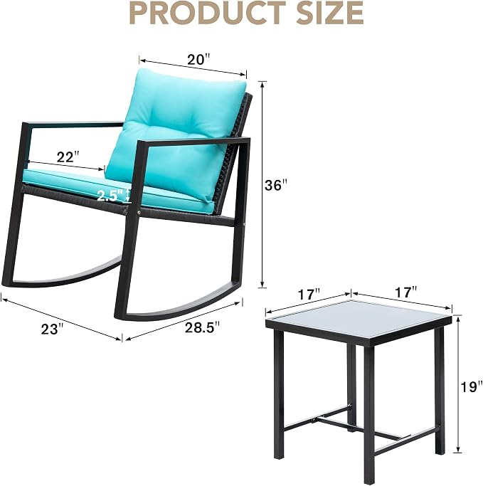 Devoko 3 Piece Rocking Bistro Set Wicker Patio Outdoor Furniture Porch Chairs - Image 8