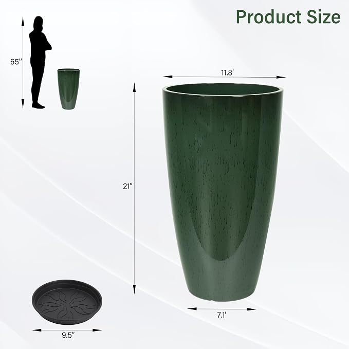 Set of 2 Lightweight Ceramic-Look Tall Planter, 21 inch Large Plastic Planter - Image 3